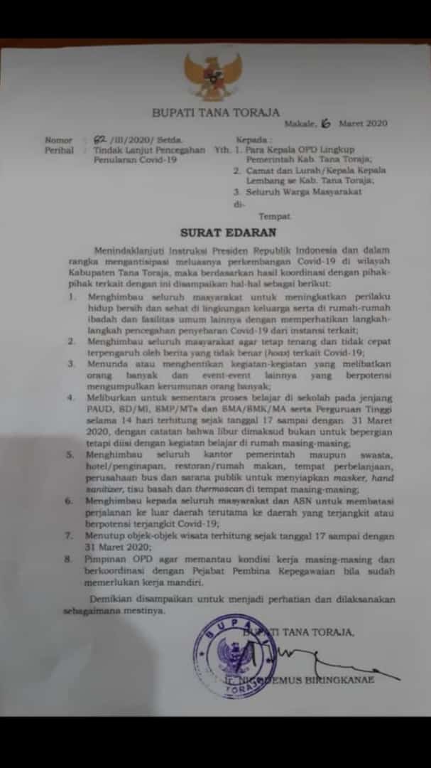 Antisipasi Virus Korona Pemerintah Kabupaten Tana Toraja Tutup Objek Wisata dan Liburkan Sekolah